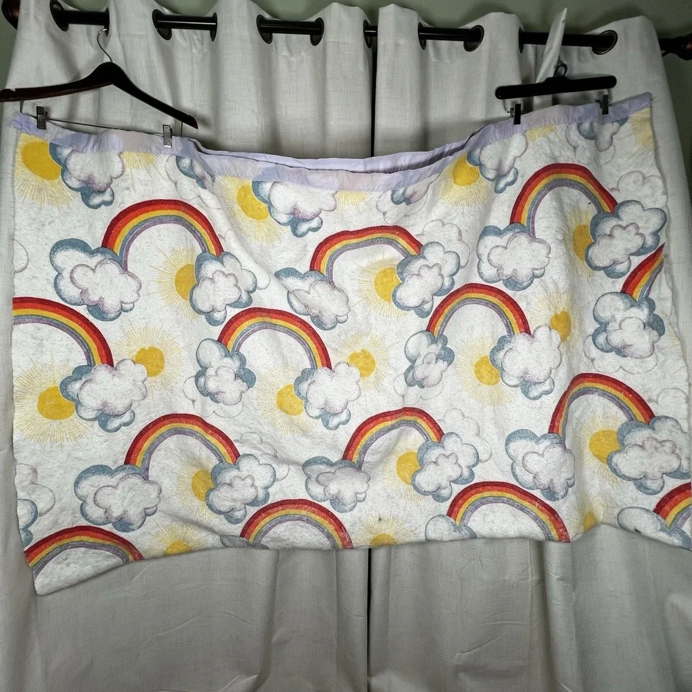 Vintage Rainbow‎ Cloud Sun Fleece Baby Blanket Lavender Satin Trim Retro Nursery
